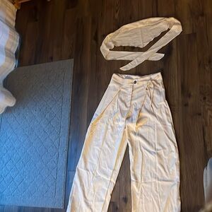 size large tan pants and strapless crop top set